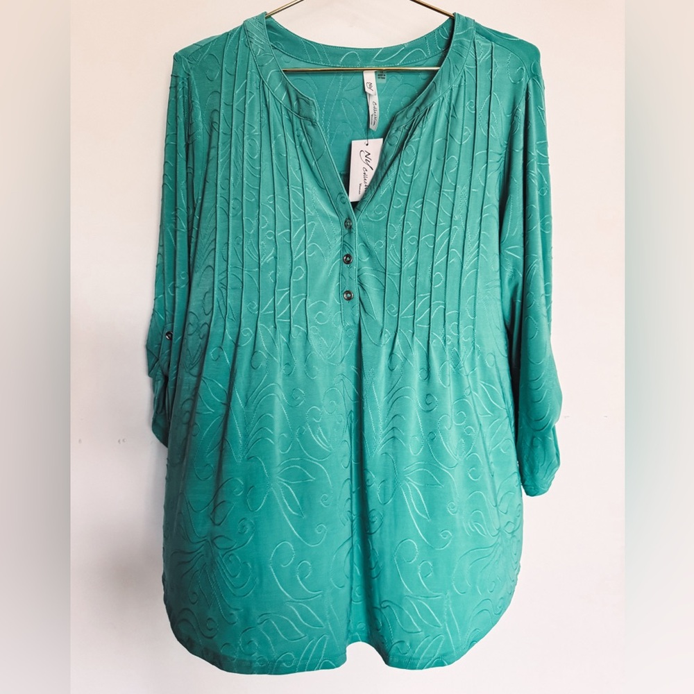 NY Collection Teal Blouse with Button Detail